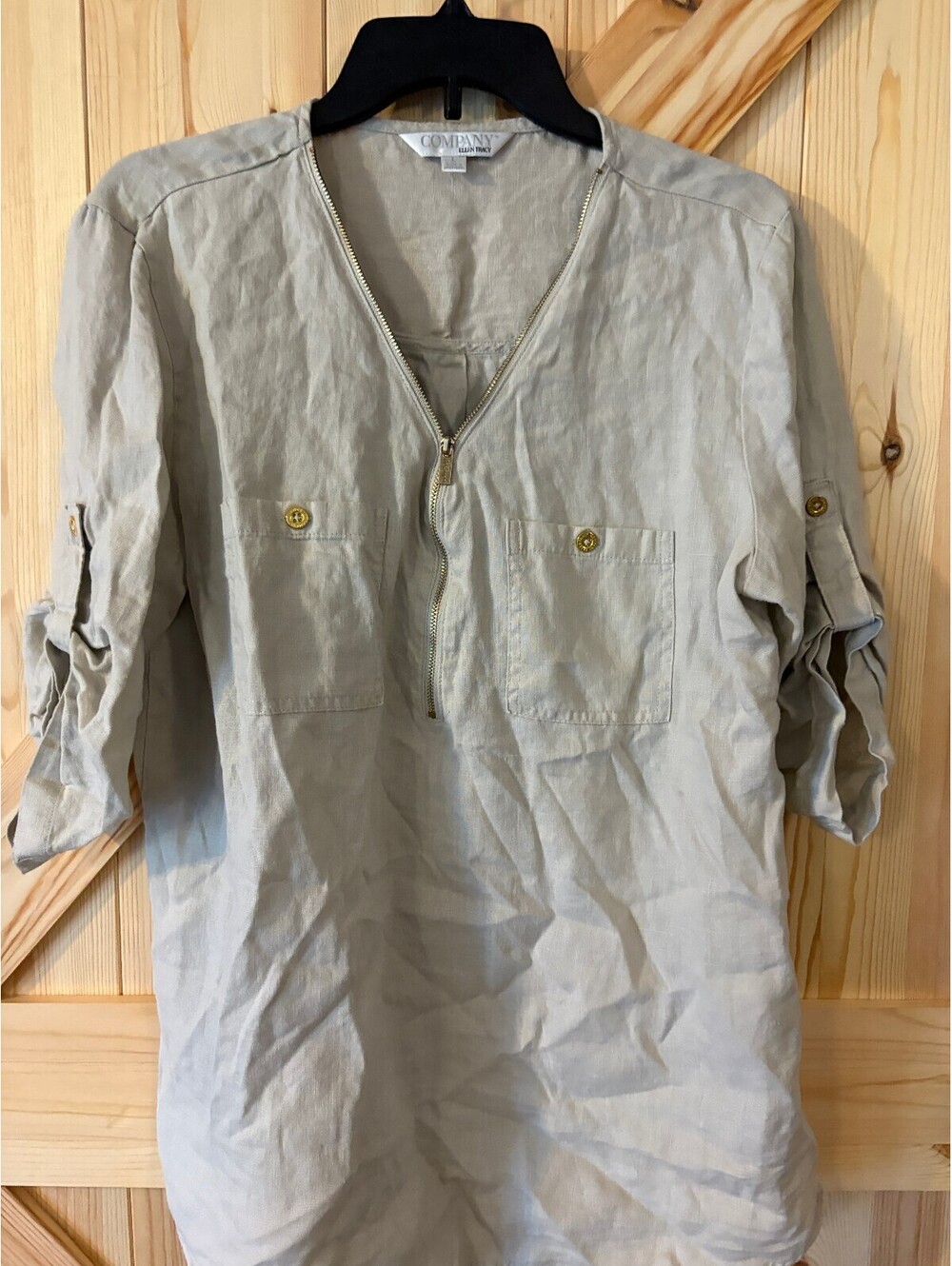 Company Ellen Tracy Beige 100% Linen Zip Front Tunic Top Large